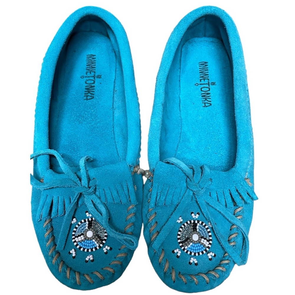 Minnetonka Women's Me To We Maasai Moc Turquoise Suede and Beaded Size 7.5 - Picture 3 of 10